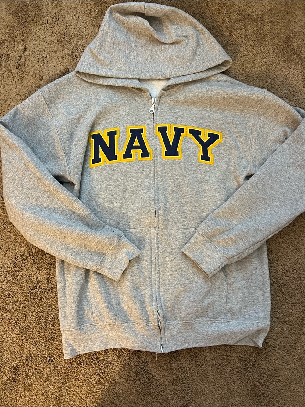 Gray Zip Hoodie with NAVY Lettering